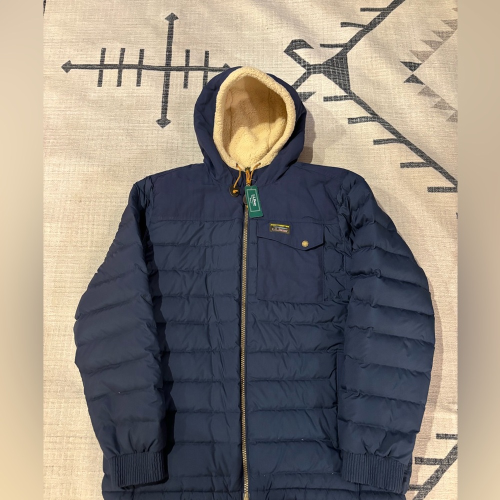Ll Bean Mountain Classic Down Hooded Puffer Jacket Sherpa Lined Men’s XL Navy
